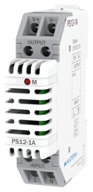 Multispan PS12-1A 12W DIN-rail SMPS — 12V DC / 1 A, efficiency >85%