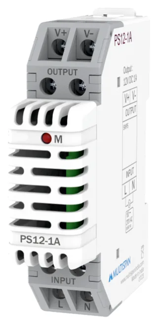 Multispan PS12-1A — 12W DIN-rail SMPS — 12V DC / 1 A, efficiency >85%