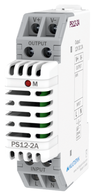 Multispan PS12-2A 24W DIN-rail SMPS — 12V DC / 2 A, efficiency >85%