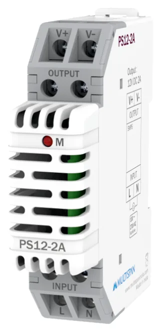Multispan PS12-2A — 24W DIN-rail SMPS — 12V DC / 2 A, efficiency >85%