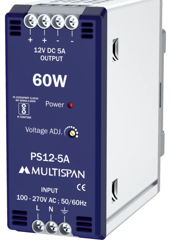 Multispan PS12-5A — 60W DIN-rail SMPS — 12V DC / 5 A, efficiency >85%