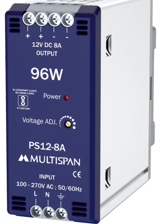 Multispan PS12-8A — 96W DIN-rail SMPS — 12V DC / 8 A, efficiency >85%