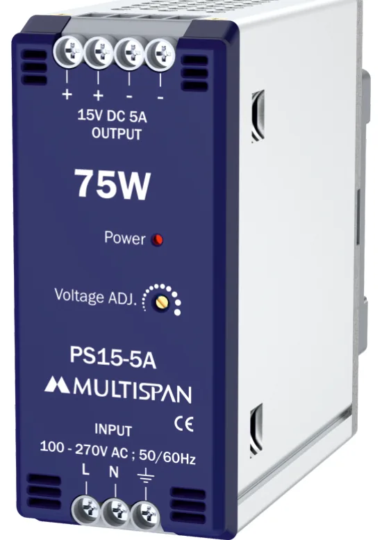Multispan PS15-5A — 75W DIN-rail SMPS — 15V DC / 5 A, efficiency >86%