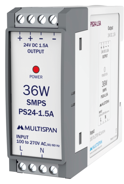 Multispan PS24-1.5A 36W DIN-rail SMPS — 24V DC / 1.5 A, efficiency >85%