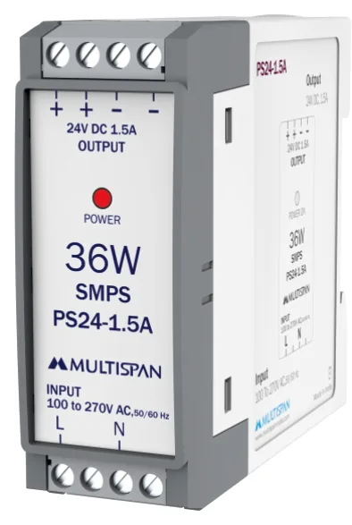 Multispan PS24-1.5A — 36W DIN-rail SMPS — 24V DC / 1.5 A, efficiency >85%