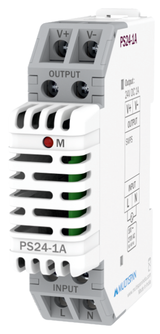 Multispan PS24-0.83A 20W DIN-rail SMPS — 24V DC / 0.83 A, efficiency >86%