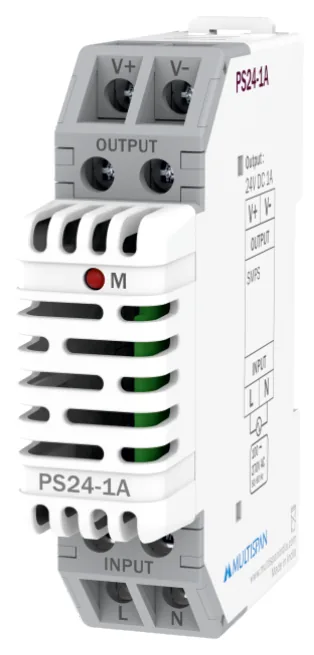 Multispan PS24-1A — 24W DIN-rail SMPS — 24V DC / 1 A, efficiency >85%
