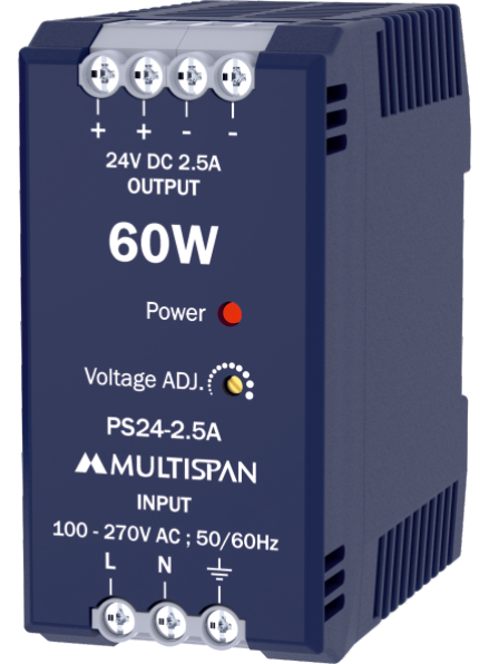 Multispan PS24-2.5A مزود طاقة SMPS للتثبيت على قضيب DIN بقدرة 60W — ‏24V DC / 2.5 A، كفاءة >89%