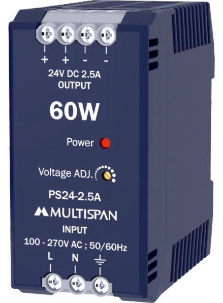 Multispan PS24-2.5A — 60W DIN-rail SMPS — 24V DC / 2.5 A, efficiency >89%