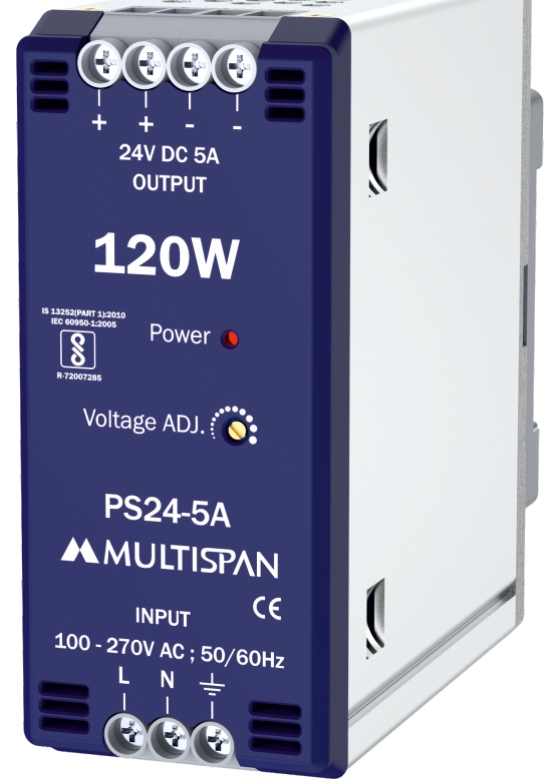 Multispan PS24-5A مزود طاقة SMPS للتثبيت على قضيب DIN بقدرة 120W — 24V DC / 5 A، كفاءة >89%