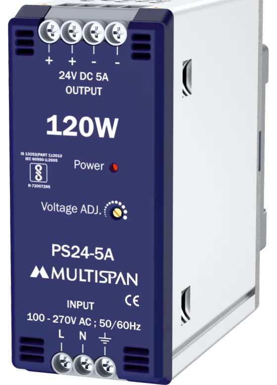 Multispan PS24-5A — 120W DIN-rail SMPS — 24V DC / 5 A, efficiency >89%