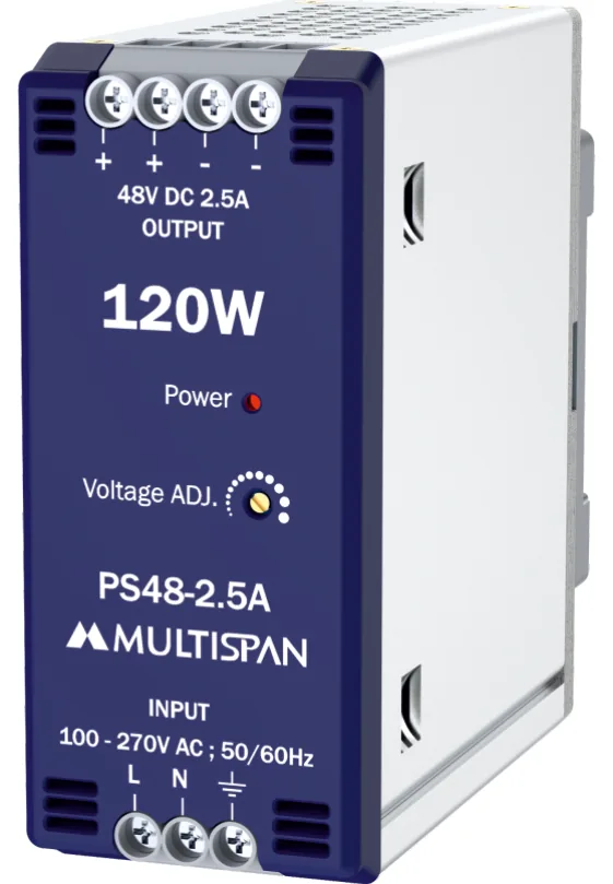 Multispan PS48-2.5A — 120W DIN-rail SMPS — 48V DC / 2.5 A, efficiency >89%