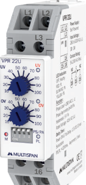 Multispan VPR-22U 3-phase DIN-rail voltage protection relay (no external supply)