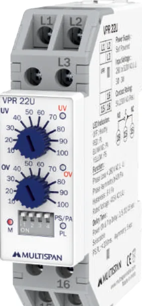 Multispan VPR-22U — 3-phase DIN-rail voltage protection relay (no external supply)